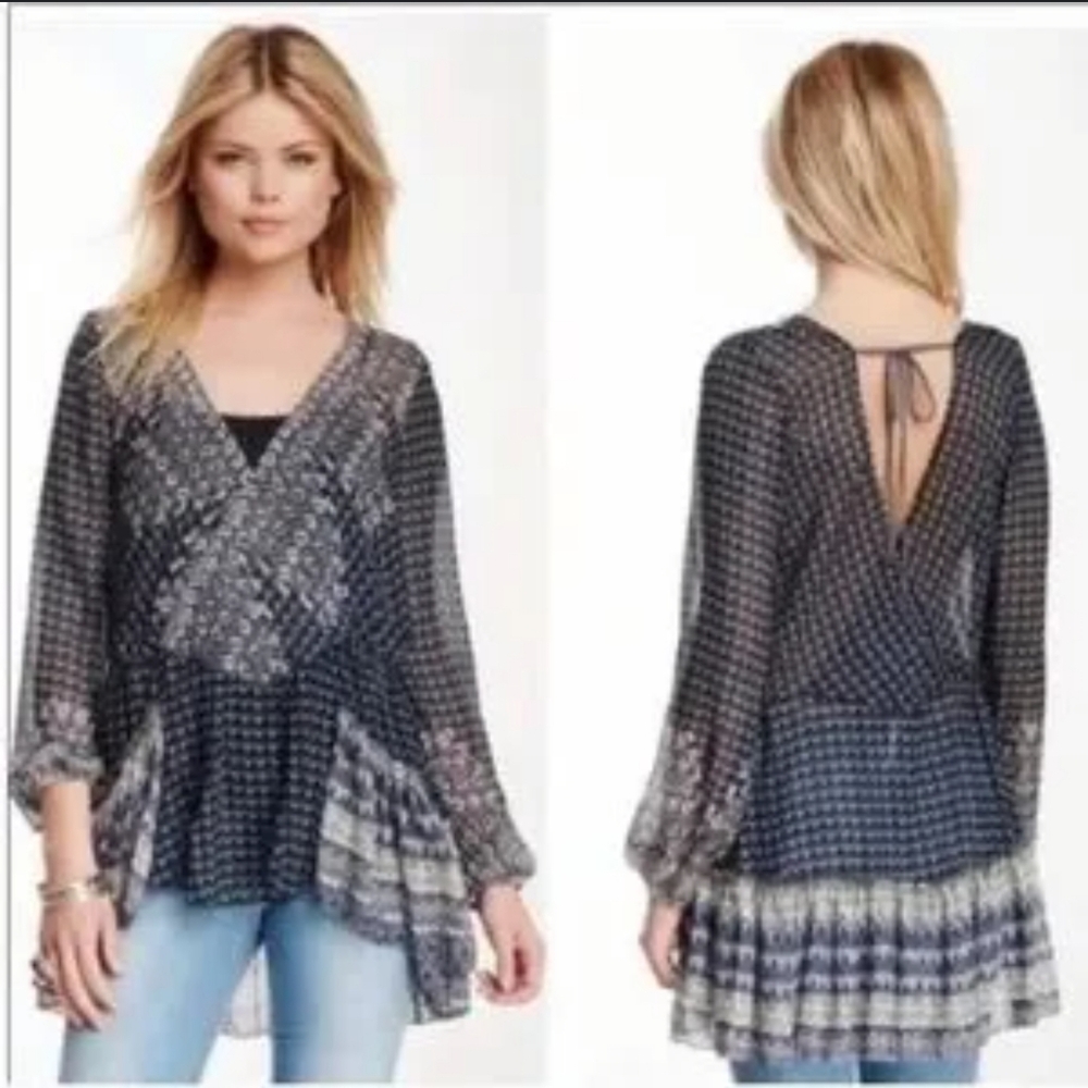 Free People Into The Mystic Navy and Blue Patterned Blouse